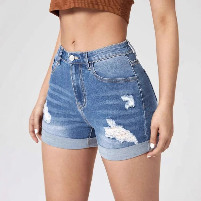Shorts Vaqueros Desgastados de Cintura Elástica Alta para Mujer