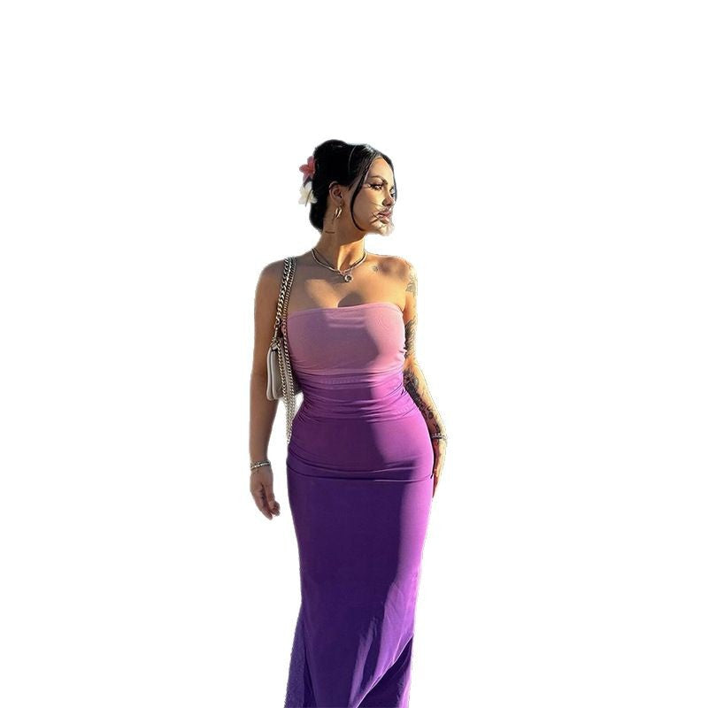 Vestido Largo Sin Tirantes Sexy con Degradado para Mujer