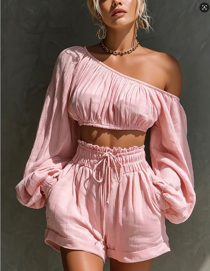 Conjunto Top Manga Larga con Hombros y Shorts de Cintura Alta para Mujer