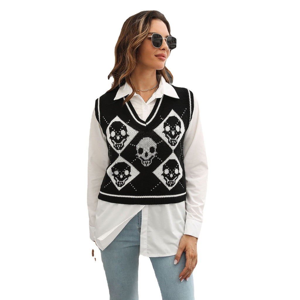 Chaleco Jersey Jacquard de Calaveras para Mujer – Estilo Gótico Otoño
