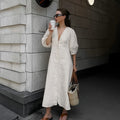 Vestido midi holgado de manga burbuja con cuello en V