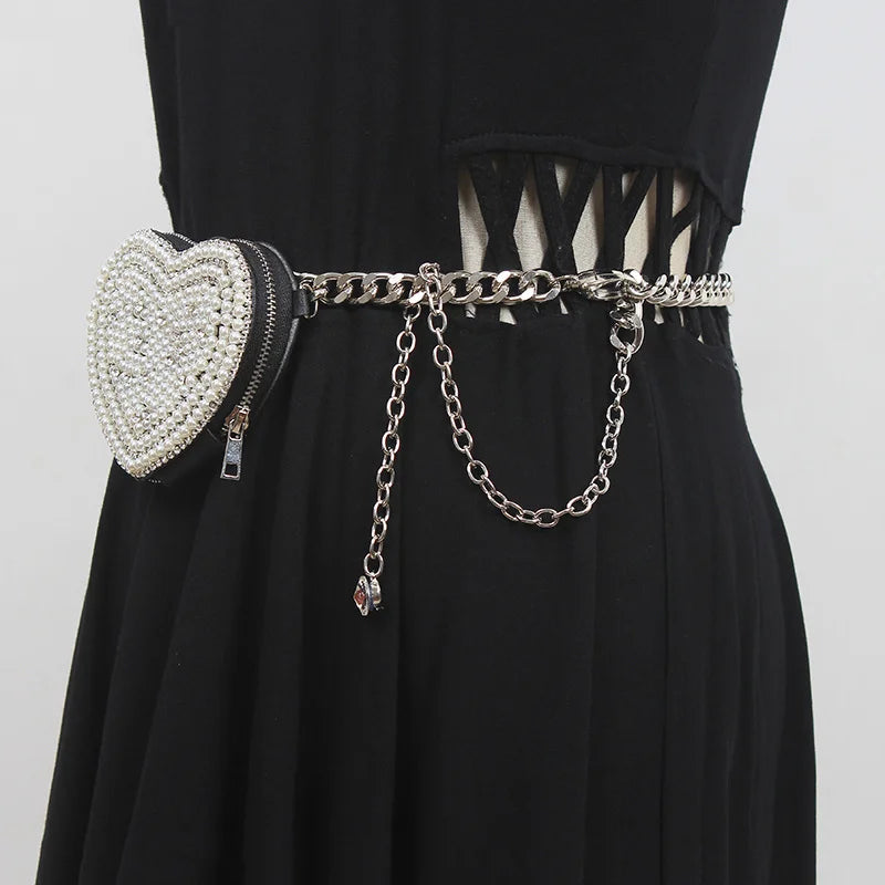 Cinturón Largo de Cuero PU con Mini Bolso y Perlas para Mujer