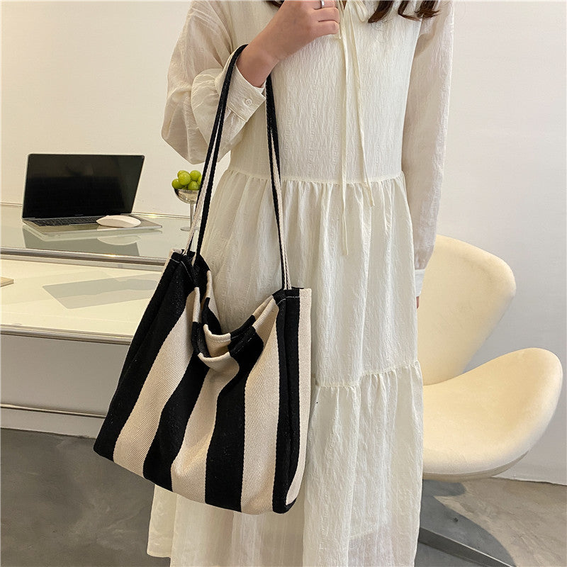 Bolso tote de lona a rayas retro gran capacidad