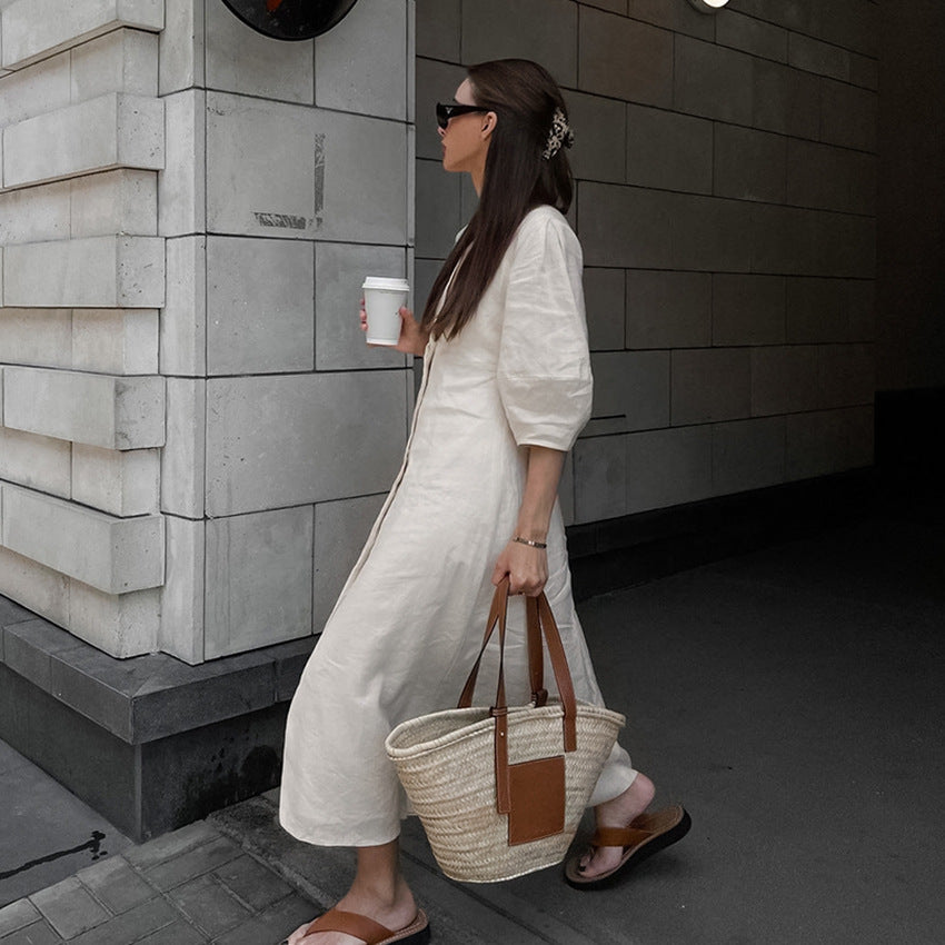 Vestido midi holgado de manga burbuja con cuello en V