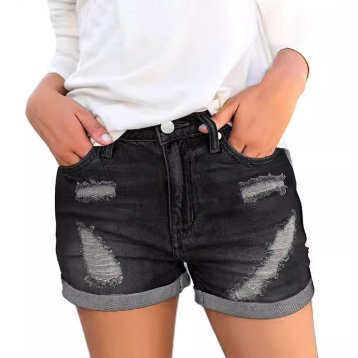 Shorts Vaqueros Desgastados con Dobladillo para Mujer
