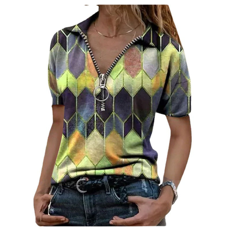 Camiseta de Verano con Cremallera y Escote V Estampada para Mujer