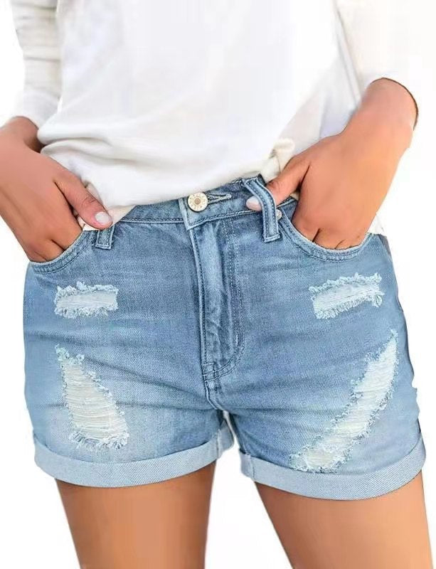 Shorts Vaqueros Desgastados con Dobladillo para Mujer