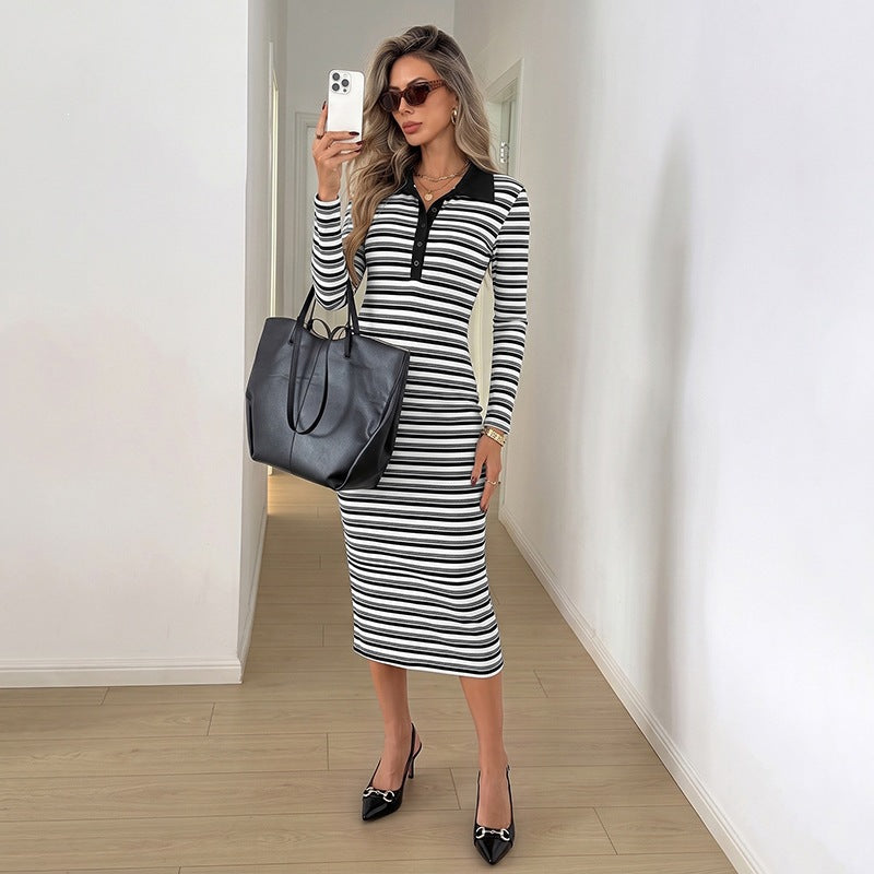 Casual Striped Long Sleeve T-Shirt Collar Bodycon Midi Dress