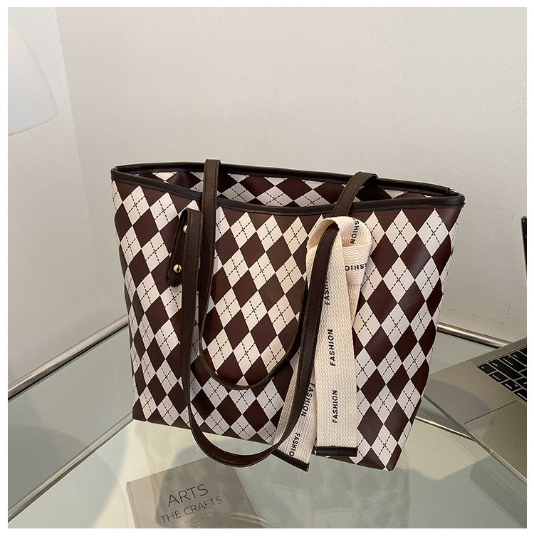 Bolso tote grande de PU con rombos en contraste