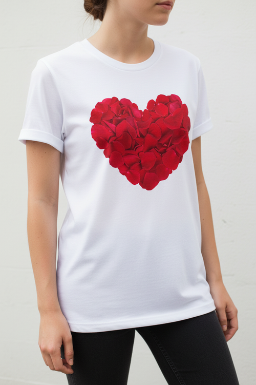 Chica camiseta corazón pétalos rojos sin flecha