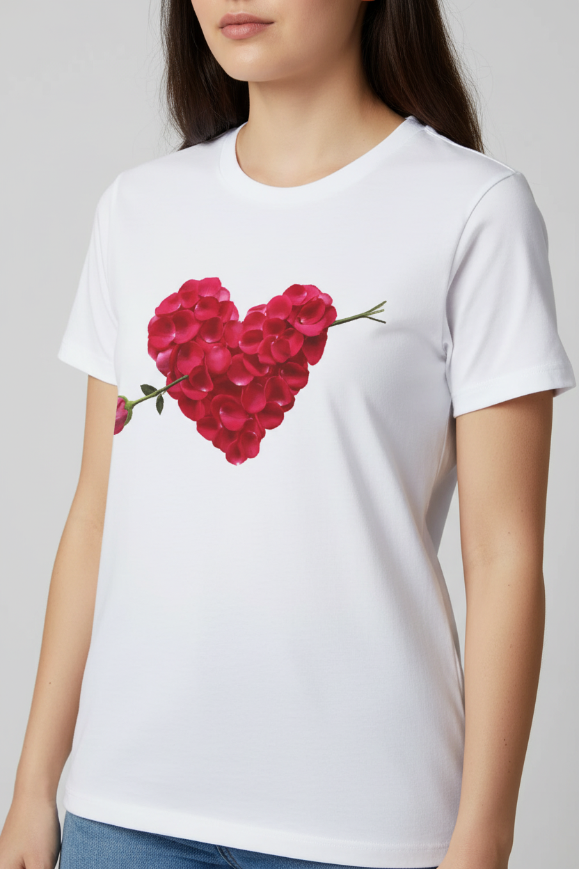 Chica con camiseta corazón de rosas